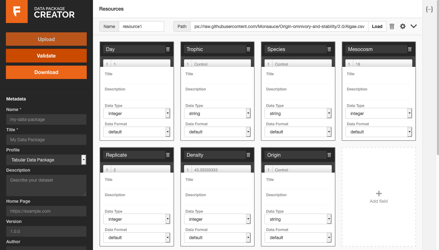 Field names and data types for a tabular data inferred from a CSV file.